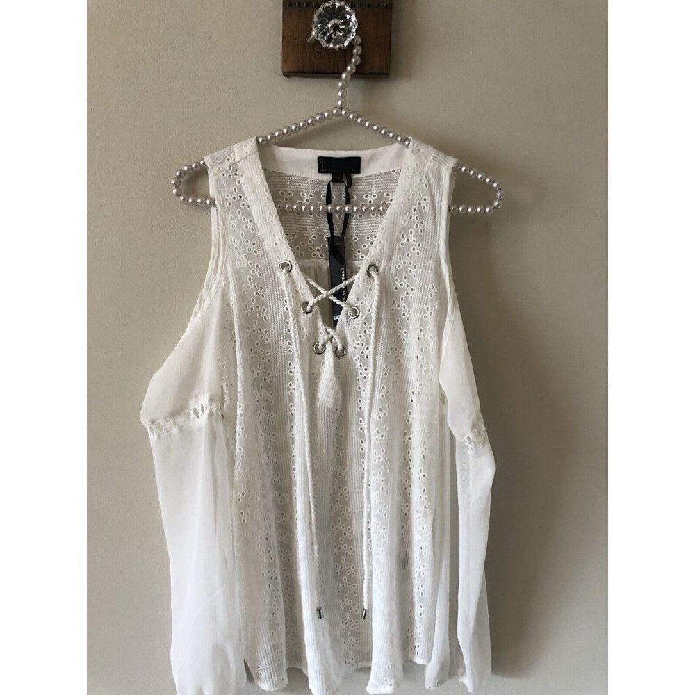 NWT i Jeans By Buffalo Size Small White Cold Shoulder Top Boho Lace Trim